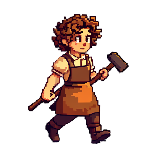 transform the character into a mid-stride walking pose facing right, right leg extended forward, left leg back, hammer swinging forward in right hand for momentum, preserve original pixelated retro style, brown apron, curly hair, and warm colors, light fa