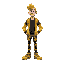 man wearing black shirt, yellow jacket, goofy shoes and yellow hair and black and yellow pants