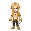 dio: golden-blonde hair (heart-shaped bangs), pale vampiric skin, green lips, golden headpiece. muscular build, yellow jacket w/heart motifs, exposed chest. star birthmark, stand: the world. menacing