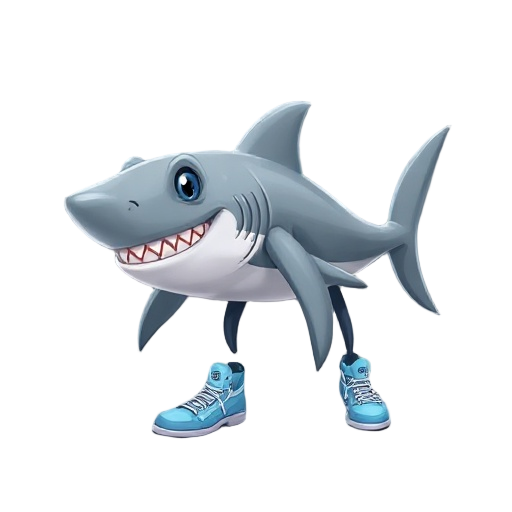 gray shark with 3 legs and light blue basketball shoes 