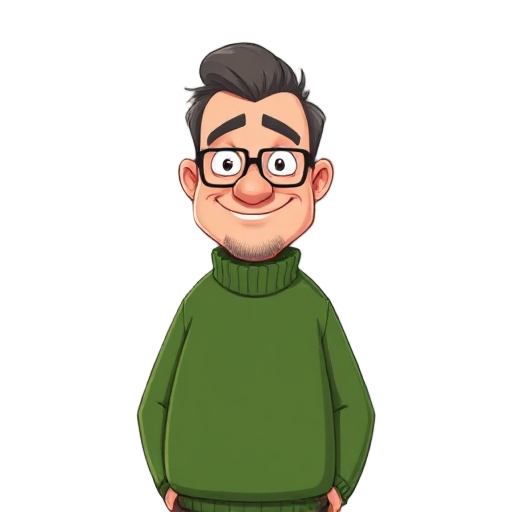 a tall, heavyset man with receding hair, a broad face, glasses, a green sweater, and a silly smile.