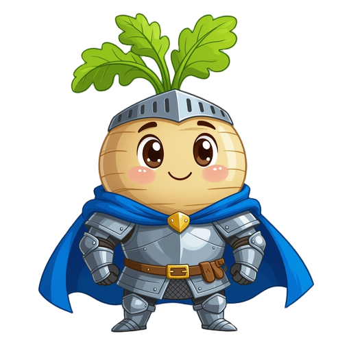 a turnip wearing a knight armor and blue cape