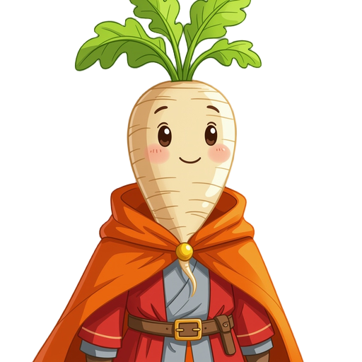 a turnip wearing a red mage robe and orange cape in watercolor style