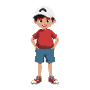 naughty farty kid with red tshirt, blue shorts, and white baseball cap