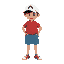 naughty farty kid with red tshirt, blue shorts, and white baseball cap