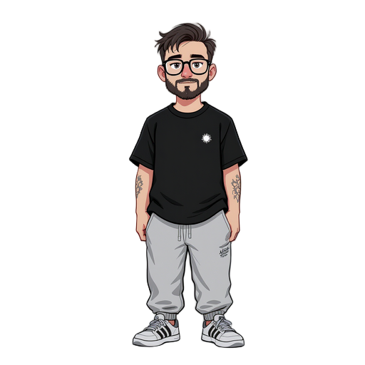  on a white background. he has short, dark, slightly messy hair and a beard, and wears round glasses. he’s dressed in a loose black t-shirt with a small white chest design, light gray baggy sweatpants, and white sneakers with black stripes. the art style 