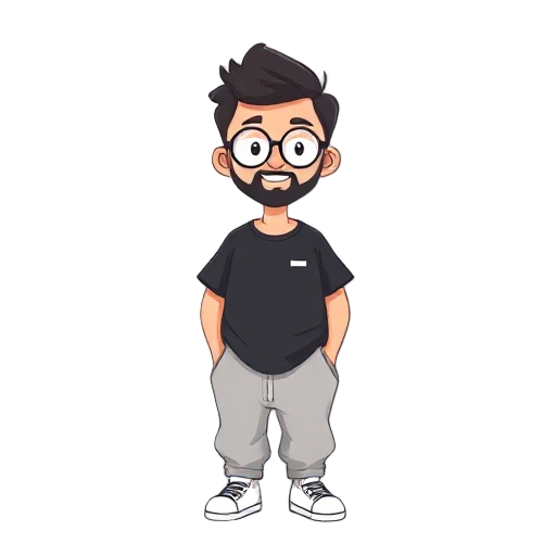  on a white background. he has short, dark, slightly messy hair and a beard, and wears round glasses. he’s dressed in a loose black t-shirt with a small white chest design, light gray baggy sweatpants, and white sneakers with black stripes. the art style 