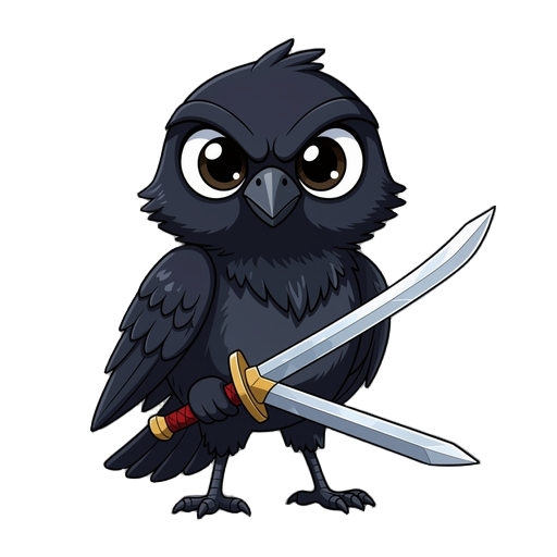 black crow standing while holding a small sword.