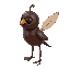 a body formed of dark chestnuts, slender twig limbs, and a feather as a wing. the figure has a rustic, whimsical appearance, with one chestnut serving as the head, slightly cracked to resemble a face.
