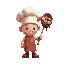 a being with a chef hat.he carries a large wooden spoon decorated with lollipops and melted chocolates.
