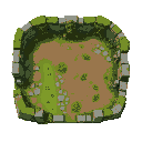 a forest or grassland environment. includes grassy floor tiles, moss-covered stone paths, dirt patches, and cracked ancient stone tiles. modular walls made of vine-wrapped stone, carved forest totems,