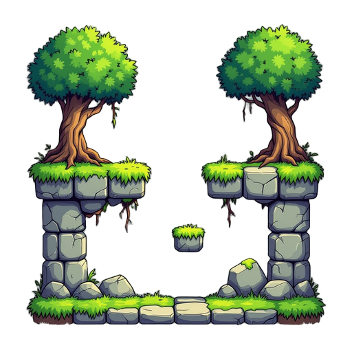 tileset for a side-scrolling adventure game, featuring an overgrown forest ruins environment. includes grassy platforms with mossy stone tiles, ancient cracked stones, hanging roots