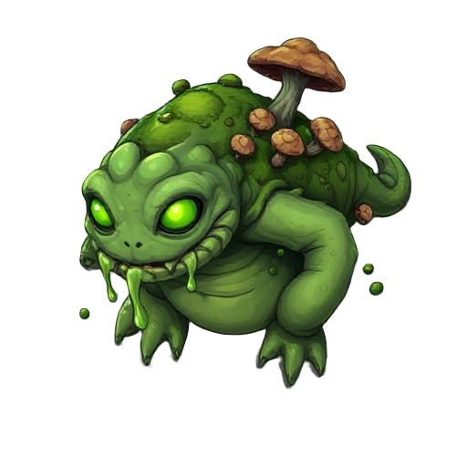 a mossy, slug-like monster with glowing green eyes, dripping slime, mushrooms growing on its back, and a hunched, organic body. 