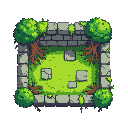 tileset for a top down adventure game, featuring an overgrown forest ruins environment. includes grassy platforms with mossy stone tiles, ancient cracked stones, hanging roots