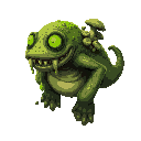 a mossy, slug-like monster with glowing green eyes, dripping slime, mushrooms growing on its back, and a hunched, organic body. 