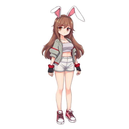 girl,rabbit_girl,long_hair,fluffy_hair,brown_hair,animal_ears,cropped_jacket,tube_top,short_shorts,sneakers,fingerless gloves, sideview,
