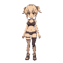 a girl in anime-style panties and bra cries, with a serious face and blonde hair, she is covered in dust