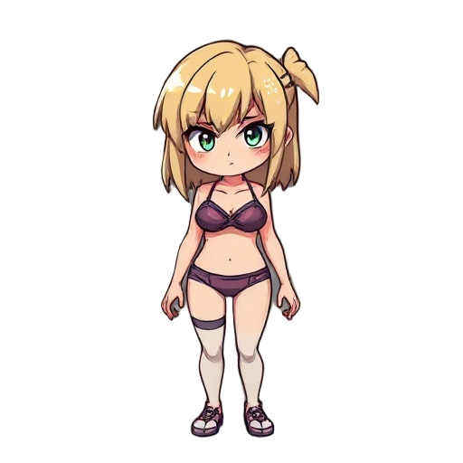 a girl in anime-style panties and bra cries, with a serious face and blonde hair, she is covered in dust