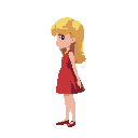 blonde-haired girl in a red dress, standing full-body, arms straight down by her sides, side view. realistic proportions, platformer