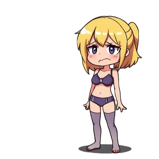 cries a girl in anime-style panties and bra with a serious face, blonde hair