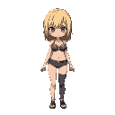a girl in anime-style panties and bra cries, with a serious face and blonde hair, she is covered in dust