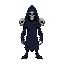 necromancer with dark blue clothes and 1 skull in each shoulder