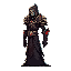 necromancer with a dark blue robe and red details, with 1 skull in each shoulder, in vampire survivors style
