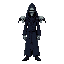 necromancer with a dark blue robe and red detials, with 1 skull in each shoulder, in vampire survivors style
