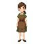 young adult female villager, front view, standing pose. she is wearing a simple green dress and a brown apron.