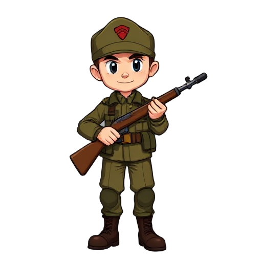 a soldier wears an olive-green cap with a red one on the front, a brown jacket, army-green trousers, and dark brown boots. he holds a classic rifle with a black barrel and a wooden-brown stock. the shading is simple but effective, using darker tones to ad