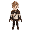 a male character, with short messy light brown hair, wearing a white shirt, he has leather armor on his shoulders, wearing cape, leather pants, and leather boots