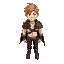 a male character, with short messy light brown hair, wearing a white shirt, he has leather armor on his shoulders, wearing cape, leather pants, and leather boots