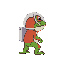  pixel astronaut frog trying to go to space, facing right. the frog has a mix of red and green colors and wears a small space helmet.