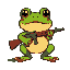 a 32x32 pixel frog with a color between red and green, holding a rifle. the frog has a cute but determined expression. it is drawn in a 2d pixel art style. it holds a detailed yet small rifle. the bac