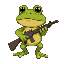 a 32x32 pixel frog holding a rifle. the frog has a cute but determined expression. it is drawn in a 2d pixel art style with a green body. it holds a detailed yet small rifle. the background can be tra