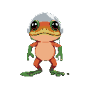 pixel astronaut frog trying to go to space, facing slightly forward so that both of its eyes are visible. the frog has a mix of red and green colors and wears a small space helmet. it has a determined
