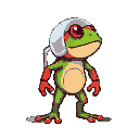 a 32x32 pixel astronaut frog standing firmly on the ground in a walking-ready pose. the frog has a mix of red and green colors and wears a small space helmet. its head is slightly turned to the right,