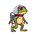 "a 32x32 pixel astronaut frog in a walking pose, as if moving forward. the frog has a mix of red and green colors and wears a small space helmet. its head is slightly turned to the right, but both eye