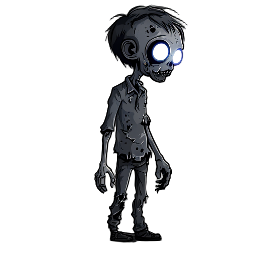 black decaying zombie with white glowing eyes, side view 