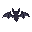 a bat facing south. the bat has black wings and white eyes, the bat has it's wings spanned.
