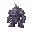 a rock golem. the golem is imposing in stature, and has jagged purple crystals protruding from it's rock body. the golem has yellow eyes