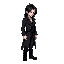 a pixel art sprite of a menacing male character with long, unkempt black hair, standing against a plain white background. he wears a tattered black trench coat and heavy boots. his pale face is partia