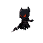 a dark knight, floating and looking slightly to his own right, he is almost completely black, with red orange elements with dithering on. he holds a secret deadly weapon. he is cursed