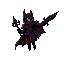 a dark knight, floating and looking slightly to his own right, he is almost completely black, with red orange elements with dithering on. he is big  he holds a secret deadly weapon. he is cursed