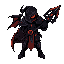 a void knight, floating and looking slightly to his own right, he is almost completely black, with red orange elements with dithering on. he is big  he holds a secret deadly weapon. he is cursed