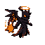 dark grim void angel boss looking at right.  lava flowing through veins, dark knight paladin. floating. everything. wings. rings of eyes. weapon with bright lava cast and  floating in the air. deadly