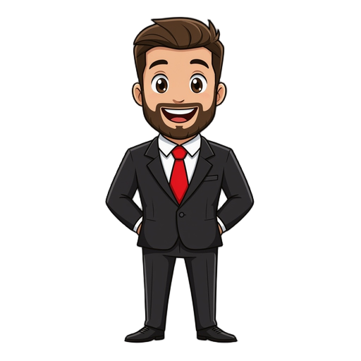 white man in black suit with red tie, brown eyes, beard, who is a game show host, smiling white teeth, anime style