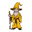 wizard with full yellow robe and hat holding a lightning staff