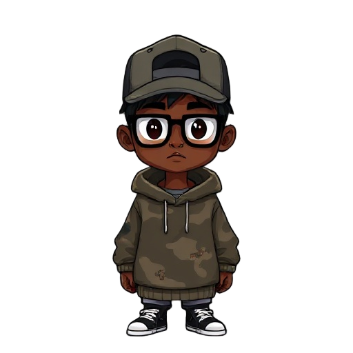 urban creative with deep brown skin, septum piercing, thick glasses, hc snapback, and torn camo-knit sweater; quiet, stylish, gender-fluid, rooted in subculture and self-expression.