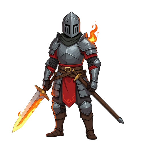 painterly character sprite in a dead cell, the fire warrior (medieval, 1200s). tall (195cm), long limbs. worn brigandine armor—dark steel, crimson trim, ember accents. angular nasal helmet (shadowed face). greatsword w/flaming tip, 3/4 battle stance. clea